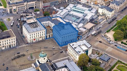 The reconfiguration project relates to the ground floor of the building marked in blue. (© sau-msi.brussels - www.globalview.be)