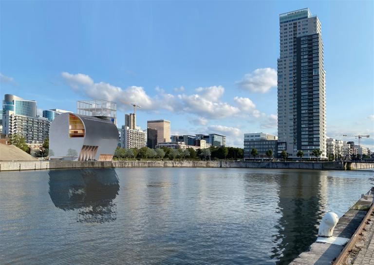 Simulation of the future building, seen from the opposite bank of Vergote Dock. © BEL architecten - CRIT. architecten - Bureau d’études Weinand