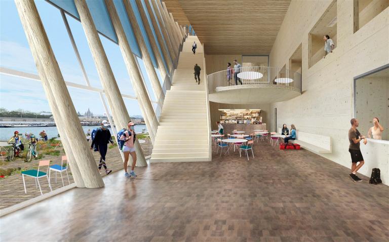 A simulation of the entrance, the public café and the grand staircase leading to the sports halls. © BEL architecten - CRIT. architecten - Bureau d’études Weinand