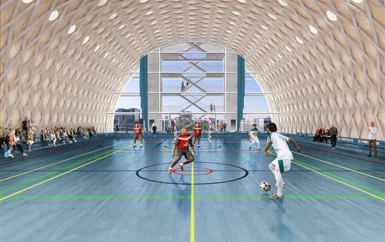 A simulation of the multi-sports hall. © BEL architecten - CRIT. architecten - Bureau d’études Weinand