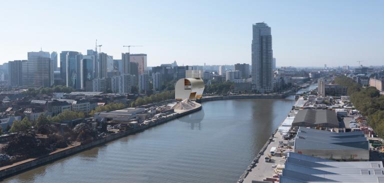 Une simulation du futur bâtiment, sur la rive droite de la courbe de giration du canal. © BEL architecten - CRIT. architecten - Bureau d’études Weinand