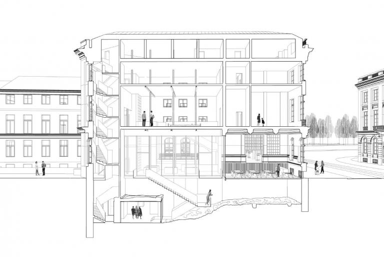 Sectional view showing the routing of movements to the building’s various functions from the new entrance. (© sau-msi.brussels - Atelier d’Architecture Pierre Hebbelinck)