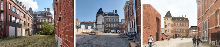 Seen from inside the Usquare.brussels site, the building that has been demolished on Avenue de la Couronne and a simulation of the future new entrance to the site, for which salvaged bricks will be used. (© sau-msi.brussels and © evr architecten, BC Architects, Callebaut Architecten)