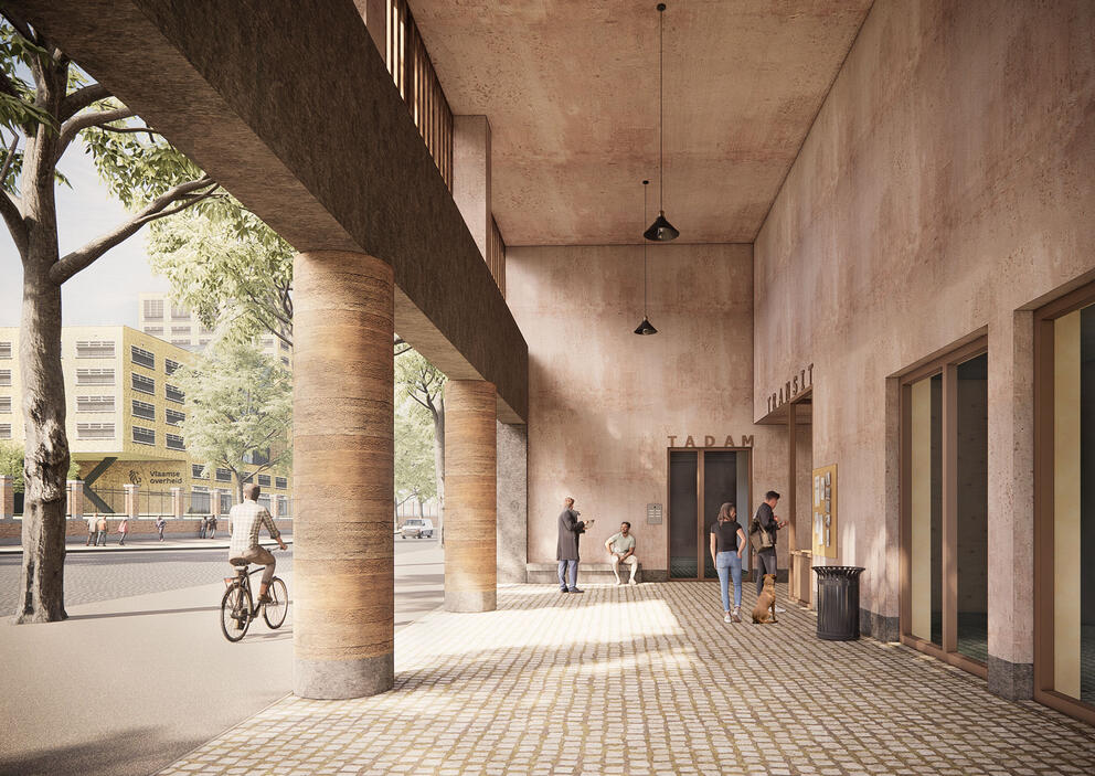 The porch and reception on Avenue du Port. © Bogdan & Van Broeck – BC Architects & Studies