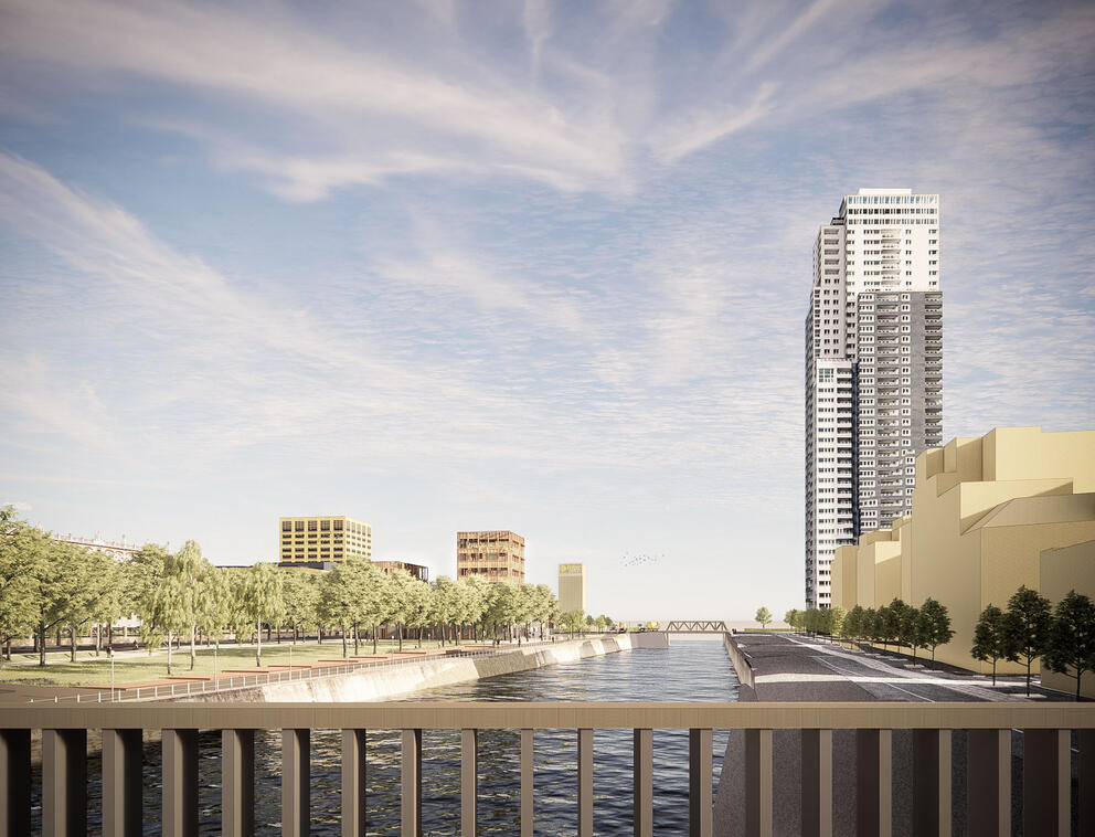 On the left bank of the Canal, behind the future Béco Park, the outline of the future building. © Bogdan & Van Broeck – BC Architects & Studies