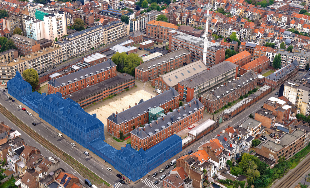 In blue: the buildings that are the subject of the long lease granted by the Region to ULB and VUB for the development of the university and academic part of Usquare.brussels. © sau-msi.brussels (Simon Schmitt - www.globalview.be)