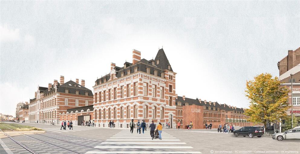 Simulation of the buildings at the corner of Boulevard Général Jacques and Avenue de la Couronne at the end of 2023, with the future new entrance to the Usquare.brussels site on Avenue de la Couronne. © evr architecten, BC Architects, Callebaut Architecten