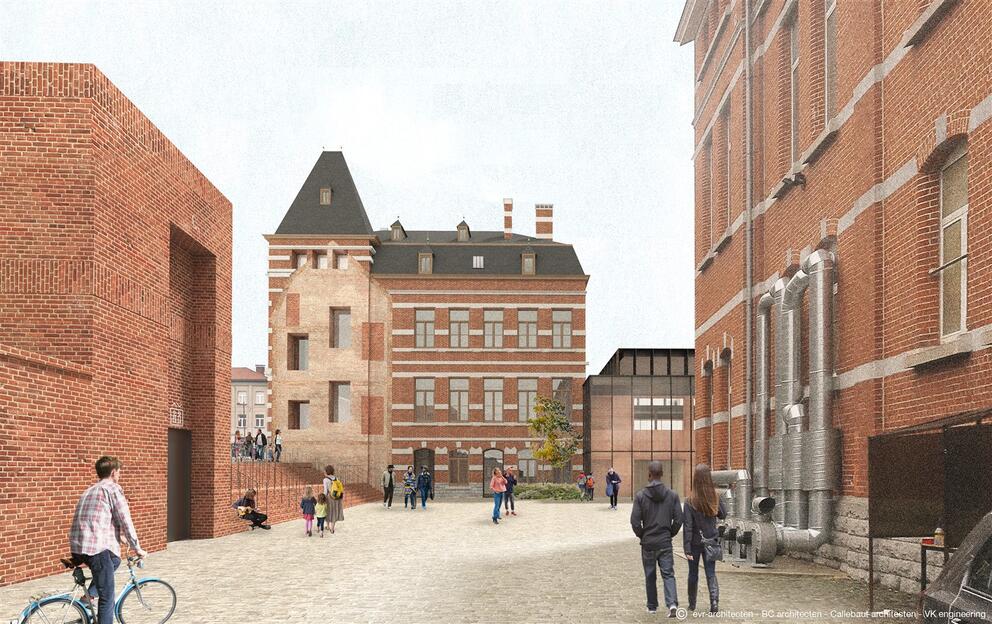 Simulation of the buildings at the corner of Boulevard Général Jacques and Avenue de la Couronne, seen from inside the site, at the end of 2023, with the new entrance to the Usquare.brussels site on Avenue de la Couronne. © evr architecten, BC Architects, Callebaut Architecten