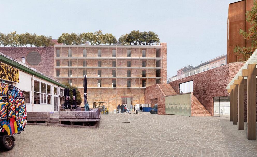 Simulation of the future layout of the courtyard at 13-15 Rue de Manchester, with the stairs on the right leading to the green terrace. © sau-msi.brussels (BC architects) 