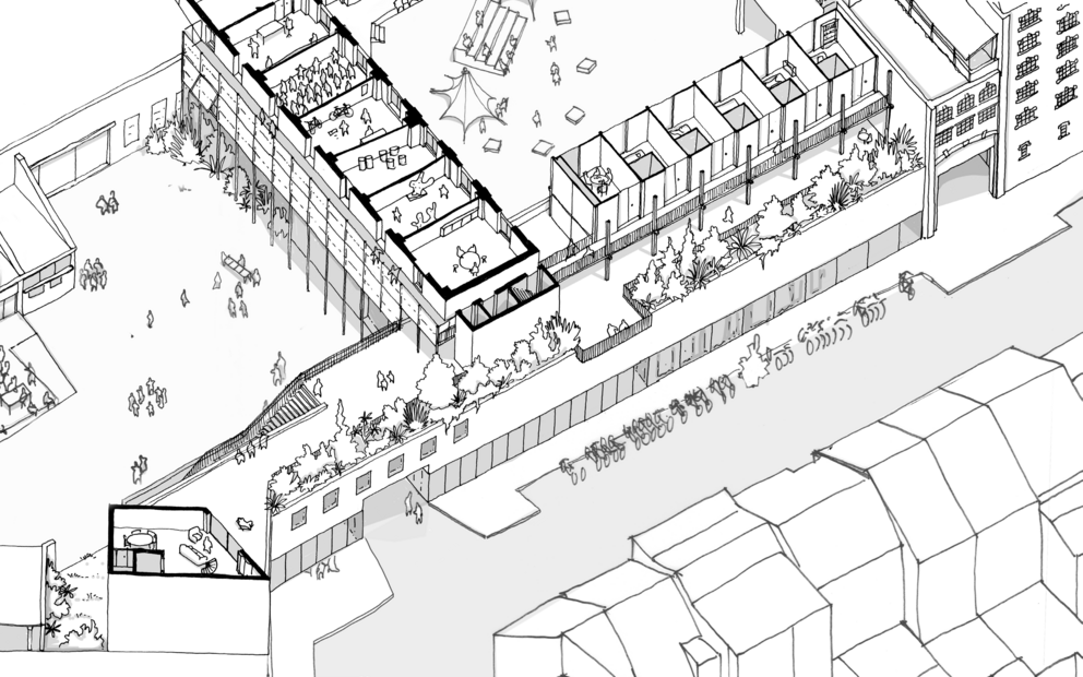 Plan of the green terrace on the new building that will link 13-15 and 17-19 Rue de Manchester to the Rue de Manchester street front. © sau-msi.brussels (BC architects)
