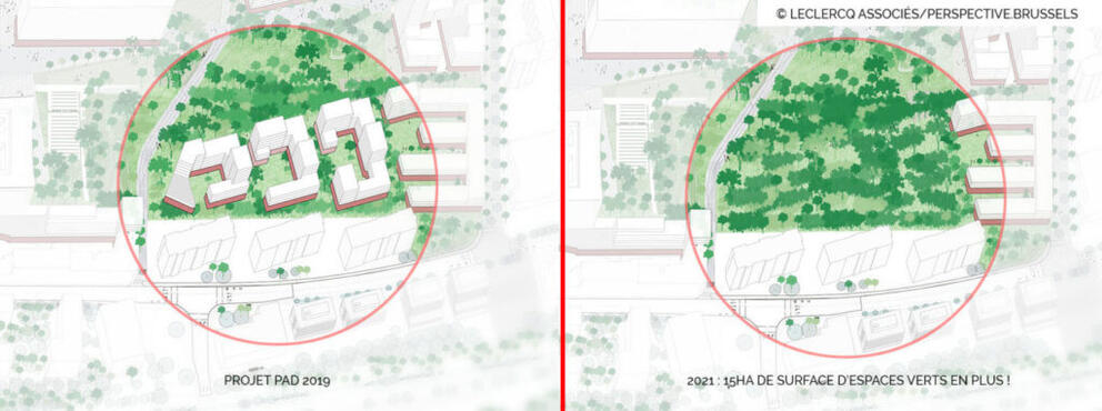 The elimination of Blocks I, J and K, which were included in the first version of the PAD-RPA, makes it possible to extend the urban park. © Leclercq Associés/perspective.brussels